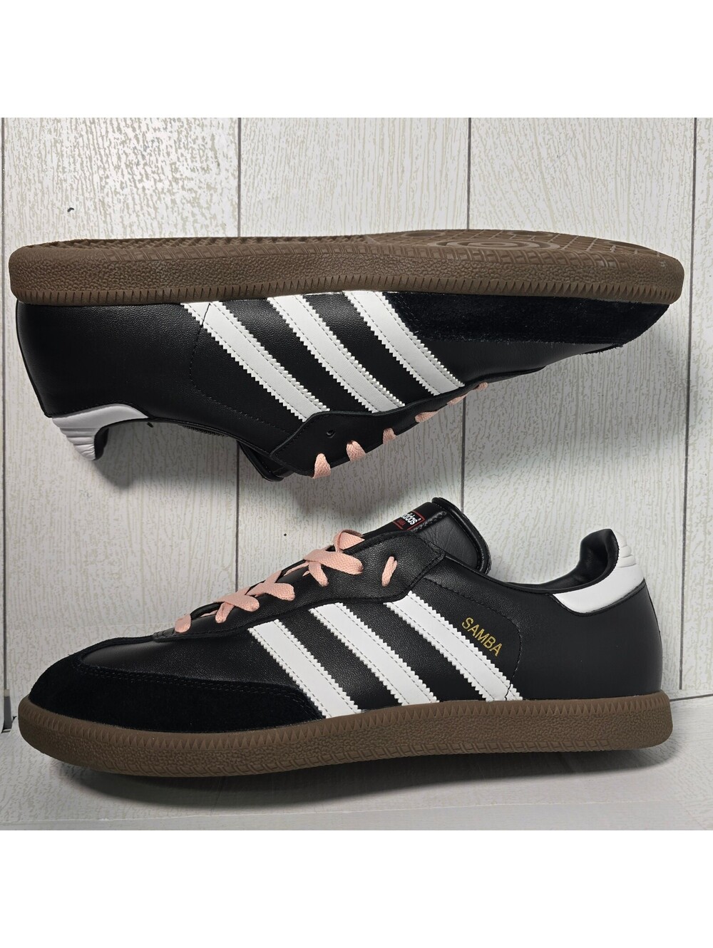 adidas Samba OG Men’s 12.5 Black White Gum Leather Suede Sneakers Pink Laces